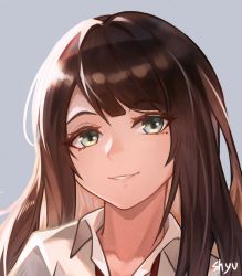 Rule 34 | 1girl, aqua eyes, brown hair, grey background, highres, long hair, looking at viewer, mole, mole under eye, original, parted lips, portrait, shyu, simple background, smile, solo, wing collar