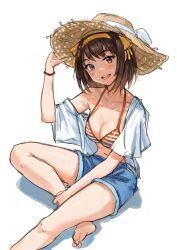 Rule 34 | 1girl, alternate costume, bare legs, barefoot, bikini, blue shorts, blush, breasts, brown eyes, brown hair, cleavage, collarbone, commentary, denim, denim shorts, foot out of frame, h-appa, hair ribbon, hat, hat ribbon, highres, legs, looking at viewer, medium breasts, medium hair, navel, off shoulder, on ground, open clothes, open mouth, open shirt, orange bikini, ribbon, romaji commentary, shorts, simple background, single bare shoulder, sitting, soles, solo, straw hat, striped bikini, striped clothes, suzumiya haruhi, suzumiya haruhi no yuuutsu, swimsuit, teeth, thighs, toes, upper teeth only, white background, white ribbon, yellow ribbon