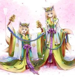 Rule 34 | 2girls, :3, :d, animal ears, bell, blue ribbon, blush, cherry blossoms, eyebrows, flower, fox ears, fox tail, full body, green ribbon, hair between eyes, hair flower, hair ornament, hakama, hakama skirt, head tilt, holding, japanese clothes, jingle bell, kagura suzu, kanzashi, kimono, lamppost, layered clothes, layered kimono, long hair, multiple girls, multiple tails, obi, open mouth, original, outdoors, outstretched arms, petals, purple eyes, ramuya (lamb), red ribbon, ribbon, ribbon-trimmed clothes, ribbon trim, sash, siblings, sisters, skirt, smile, standing, tail, twins, white legwear, wide sleeves, yellow ribbon
