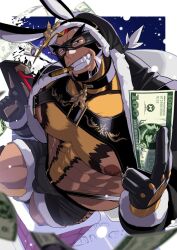 Rule 34 | 1boy, abs, absol (dkqthf), animal ears, another eidos-r, banknote, bara, black gloves, black jacket, black shorts, blonde hair, chest hair, cigar, dollar bill, domino mask, fake animal ears, gloves, gun, holding, holding gun, holding weapon, hood, hood up, hooded jacket, jacket, large pectorals, male focus, mask, money, muscular, muscular male, navel, nipples, open clothes, pectorals, short hair, shorts, smile, solo, suspenders, teeth, walther (another eidos), weapon