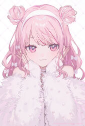 1girl :3 bare_shoulders blush bow coat commentary double_bun fur_coat hair_bow hair_bun hairband himehina_channel long_hair long_sleeves looking_at_viewer multiple_hair_bows off_shoulder pink_eyes pink_hair shugao sidelocks signature sleeves_past_wrists smile solo symbol-only_commentary tanaka_hime upper_body virtual_youtuber white_background white_hairband