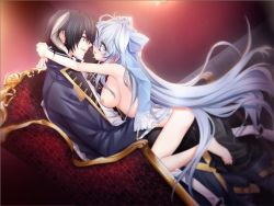 Rule 34 | 1boy, 1girl, arms around neck, barefoot, black hair, blue hair, breasts, chair, eye contact, game cg, hair ornament, large breasts, long hair, looking at another, nipples, sitting, straddling, very long hair, white hair