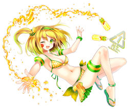 Rule 34 | 1girl, bikini, bikini top only, bottle, breasts, c.c. lemon, c.c. lemon (character), cleavage, english text, facial mark, feet, flip-flops, food, food-themed clothes, frilled skirt, frills, fruit, green eyes, hair ornament, hat, headband, highres, juice, large breasts, leaf, legs, lemon, long hair, nail polish, open mouth, personification, ponytail, sandals, scrunchie, side ponytail, skirt, smile, solo, swimsuit, toes, wink, yellow nails, yuuki rika