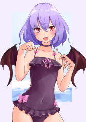 Rule 34 | 1girl, absurdres, alternate costume, bat wings, blush, bow, casual one-piece swimsuit, choker, covered navel, cowboy shot, flat chest, frilled one-piece swimsuit, frilled swimsuit, frills, highres, light purple hair, lykesya, no headwear, one-piece swimsuit, open mouth, paw pose, pink bow, red eyes, remilia scarlet, short hair, solo, swimsuit, touhou, wings