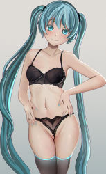 Rule 34 | 1girl, aruman, bad id, bad pixiv id, blue eyes, blue hair, blush, green background, grey background, hands on own hips, hatsune miku, highres, long hair, looking at viewer, nail polish, simple background, smile, solo, thighhighs, twintails, underwear, underwear only, vocaloid