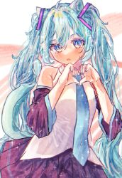 Rule 34 | 1girl, aqua hair, aqua nails, aqua necktie, bare shoulders, blue eyes, blush, breasts, collared shirt, cowboy shot, detached sleeves, expressionless, fingernails, hair between eyes, hair ornament, hatsune miku, heart, heart hands, highres, long hair, looking at viewer, nail polish, natukisigure, necktie, open mouth, pleated skirt, shirt, sidelocks, simple background, skirt, sleeveless, sleeveless shirt, small breasts, solo, sparkle background, standing, very long hair, vocaloid, wide sleeves