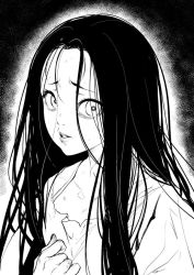 Rule 34 | 1girl, bags under eyes, commentary request, female focus, ghost, gradient background, greyscale, hair between eyes, lips, long hair, looking to the side, messy hair, monochrome, original, parted lips, shimotsuki eight, solo, torn clothes, upper body