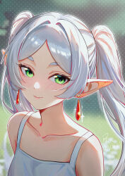 Rule 34 | 1girl, absurdres, banhuaaidie, bare shoulders, blurry, blurry background, blush, camisole, closed mouth, collarbone, dated, earrings, elf, eyes visible through hair, film grain, frieren, green eyes, hair intakes, highres, jewelry, long hair, looking at viewer, parted bangs, pointy ears, polka dot, polka dot background, signature, smile, solo, sousou no frieren, spaghetti strap, sparkle, twintails, upper body, white camisole, white hair