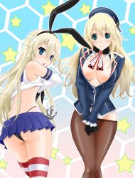 Rule 34 | 10s, 2girls, anchor hair ornament, aqua eyes, areola slip, ass, atago (kancolle), black panties, blonde hair, blue eyes, breasts, clothes lift, clothes pull, elbow gloves, gloves, hair ornament, hair ribbon, kantai collection, large breasts, long hair, looking at viewer, microskirt, midriff, multiple girls, neko danshaku, no bra, open clothes, open mouth, open shirt, panties, pantyhose, pantyhose pull, ribbon, shimakaze (kancolle), shirt, shirt lift, skirt, star (symbol), striped clothes, striped legwear, striped thighhighs, sweatdrop, thighhighs, underwear