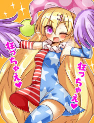 Rule 34 | 1girl, aisa (micuma), alternate legwear, american flag dress, american flag legwear, bad id, bad pixiv id, blonde hair, cheerleader, clownpiece, dress, gloves, hair ornament, hairclip, hat, jester cap, long hair, looking at viewer, neck ruff, one eye closed, open mouth, outstretched arms, pink eyes, polka dot, pom pom (cheerleading), short dress, sleeveless, sleeveless dress, smile, solo, star (symbol), striped, sweat, thighhighs, touhou, translation request, very long hair