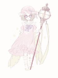 Rule 34 | absurdres, asymmetrical footwear, blue eyes, bow, brown hair, cane, dress, facing viewer, frilled dress, frilled shirt collar, frills, glasses, hat, helena adams, highres, identity v, lantern, looking at viewer, nerimono (nekokoban22), nightgown, open mouth, pastel colors, pink dress, purple bow, ribbon, short hair, short sleeves, socks, solo, star (symbol), striped clothes, striped socks, uneven footwear, white background