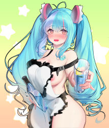 Rule 34 | 1girl, absurdres, ahoge, alcohol, apron, areola slip, aurora (last origin), blue hair, blush, breasts, drill hair, drunk, food, fruit, glass, gradient background, green background, guunhanchi, highres, huge filesize, large breasts, last origin, lemon, light blue hair, long hair, looking at viewer, multicolored hair, naked apron, pink hair, purple eyes, solo, star (symbol), streaked hair, twin drills, twintails, yellow background