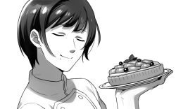 Rule 34 | 1boy, asada hachi, chef, closed eyes, closed mouth, commentary request, facing viewer, food, grey background, greyscale, holding, holding plate, idolmaster, idolmaster side-m, male focus, mole, mole under mouth, monochrome, plate, shinonome soichiro, short hair, simple background, smile, solo, tart (food), twitter username, upper body, watermark