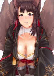 Rule 34 | 1girl, akagi (azur lane), all fours, animal ears, azur lane, black kimono, black legwear, blush, breasts, brown hair, cleavage, cleavage cutout, clothing cutout, collarbone, commentary request, downblouse, extended downblouse, fox ears, fox tail, gachou, hanging breasts, japanese clothes, kimono, large breasts, long hair, multiple tails, open clothes, open kimono, pleated skirt, red eyes, red skirt, sidelocks, skirt, smile, solo, sweat, tail, thighs, wide sleeves