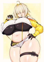 Rule 34 | 1girl, absurdres, ahoge, belly, blonde hair, breasts, crop top, elegg (nikke), fang, goddess of victory: nikke, hair intakes, hair over eyes, hand on own hip, highres, holding, holding phone, huge breasts, micro shorts, midriff, multicolored hair, navel, open mouth, phone, plump, short hair, shorts, simple background, skindentation, smile, solo, suspenders, tailzkim, thick thighs, thigh strap, thighs, undershirt, wide hips, yellow background