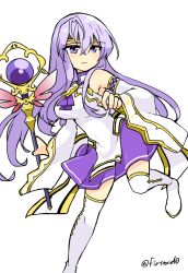Rule 34 | 1girl, alternate costume, bare shoulders, breasts, circlet, fire emblem, fire emblem: genealogy of the holy war, holding, holding staff, julia (fire emblem), leg up, long hair, medium breasts, nintendo, purple eyes, purple hair, simple background, solo, staff, wide sleeves, yukia (firstaid0)