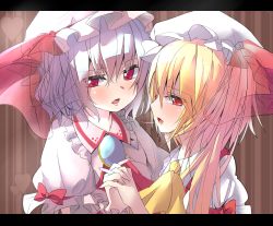Rule 34 | 2girls, ascot, blonde hair, brooch, fangs, flandre scarlet, frills, hair between eyes, hat, hat ribbon, heart, highres, incest, jewelry, kuromu (underporno), letterboxed, looking at viewer, mob cap, multiple girls, open mouth, puffy short sleeves, puffy sleeves, purple hair, red eyes, remilia scarlet, ribbon, saliva, saliva trail, short hair, short sleeves, siblings, sisters, touhou, yuri
