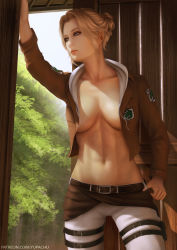 Rule 34 | 1girl, annie leonhart, arm up, belt, blonde hair, blue eyes, breasts, brown jacket, closed mouth, collarbone, cowboy shot, day, highres, indoors, jacket, large breasts, lips, long sleeves, looking away, looking to the side, navel, no bra, no shirt, open clothes, open jacket, pants, realistic, shingeki no kyojin, solo, thigh strap, toned, watermark, web address, white pants, wooden door, yupachu