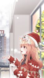 Rule 34 | 1girl, absurdres, animal, animal ear fluff, animal ears, animal on head, blonde hair, cat ears, christmas tree, city, commission, eyes visible through hair, facial mark, hat, highres, long hair, on head, open mouth, red eyes, santa hat, second-party source, shyrei faolan, skeb commission, snowing, sweater, u da desu, virtual youtuber, vyugen, whisker markings