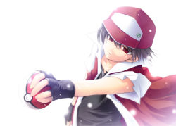Rule 34 | 1boy, bad id, bad pixiv id, baseball cap, black hair, creatures (company), fingerless gloves, game freak, gloves, hat, holding, holding poke ball, jacket, male focus, mao (core), mayokichi, nintendo, outstretched arm, pixiv red, poke ball, poke ball (basic), pokemon, popped collar, red (pokemon), red eyes, short hair, short sleeves, simple background, snow, solo, white background