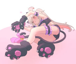 Rule 34 | 1girl, :3, ahoge, animal ears, animal hands, arm garter, armpits, bell, between legs, black bra, black footwear, black gloves, black panties, bow, bra, bridal garter, cat cutout, cat ears, cat lingerie, cat tail, claws, cleavage cutout, closed eyes, clothing cutout, commentary, eyes visible through hair, flat chest, frilled bra, frilled garter, frilled panties, frills, full body, gloves, jingle bell, kyarahiba, light blush, long hair, lying, meme attire, official alternate costume, on side, onii-chan wa oshimai!, oyama mahiro, panties, paw gloves, paw shoes, pink background, pink bow, pink hair, simple background, smile, solo, tail, tail bell, tail between legs, tail bow, tail ornament, two-tone background, underwear, very long hair, white background