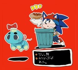 Rule 34 | (cosplay), 1boy, alternate costume, animal ears, animal nose, aoki (fumomo), arm up, backpack, bag, baseball cap, black eyes, blue fur, blue hair, blue shorts, body fur, bow, chao (kozutya), chao (sonic), cosplay, creature, doseisan, dot mouth, ears through headwear, facial mark, floating, food, furry, furry female, gloves, hair bow, hand up, happy, hat, holding, holding food, hot dog, japanese text, long hair, looking up, male focus, mother (game), mother 2, mr saturn, mr saturn (cosplay), ness (mother 2), ness (mother 2) (cosplay), nintendo, notice lines, open mouth, outline, outstretched arm, red background, red bow, red footwear, red headwear, shirt, shoes, short sleeves, shorts, simple background, smile, socks, sonic (series), sonic the hedgehog, spiked hair, standing, striped clothes, striped shirt, translation request, trash can, two-tone shirt, whisker markings, white gloves, white outline, white socks