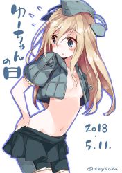 Rule 34 | 2018, bike shorts, blonde hair, blush, breasts, cropped jacket, dated, dressing, flying sweatdrops, garrison cap, grey eyes, groin, hair between eyes, hat, kantai collection, long hair, navel, no bra, sketch, small breasts, solo, suka, twitter username, u-511 (kancolle), underboob, white background