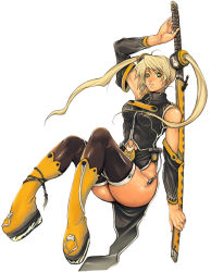 Rule 34 | bare shoulders, black thighhighs, blonde hair, boots, china dress, chinese clothes, defect, detached sleeves, dress, green eyes, katana, kim hyung tae, long hair, non-web source, solo, sword, thighhighs, twintails, weapon
