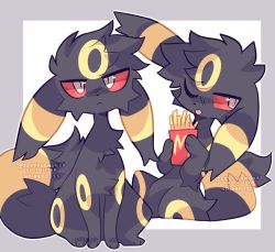 Rule 34 | animal, creatures (company), food, french fries, game freak, gen 2 pokemon, highres, looking at viewer, mcdonald&#039;s, multiple views, nintendo, no humans, one eye closed, pokemon, red eyes, tail, umbreon