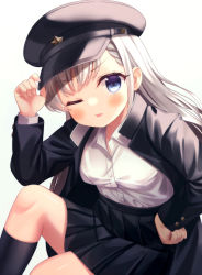 Rule 34 | 1girl, ;p, absurdres, arm up, black hat, black jacket, black skirt, black socks, blue eyes, blush, braid, braided bangs, breasts, closed mouth, collared shirt, commentary request, dress shirt, grey hair, hand on headwear, hat, highres, hisakawa hayate, idolmaster, idolmaster cinderella girls, jacket, kneehighs, long hair, long sleeves, one eye closed, open clothes, open jacket, peaked cap, pleated skirt, shirt, simple background, skirt, small breasts, smile, socks, solo, tongue, tongue out, v-shaped eyebrows, white background, white shirt, yata (yatao zzz)