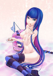 Rule 34 | 10s, 1girl, ant (artist), ant (fenixant), aqua eyes, bad id, bad pixiv id, blue hair, breasts, cake, chibi, colored inner hair, cream, food, green eyes, long hair, multicolored hair, nipples, nude, panties, panty &amp; stocking with garterbelt, sitting, solo, stocking (psg), striped clothes, striped panties, striped thighhighs, television, thighhighs, tongue, two-tone hair, underwear