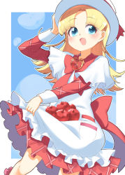 Rule 34 | 1girl, :d, absurdres, apple, ashita no nadja, back bow, blonde hair, blue background, blue eyes, bow, brooch, commentary, dress, food, fruit, hand on headwear, hat, hat ribbon, heart, heart brooch, highres, jewelry, layered sleeves, long hair, long sleeves, looking at viewer, medium dress, nadja applefield, open mouth, outline, outside border, parted bangs, porkpie hat, red bow, red dress, red neckwear, red ribbon, ribbon, short over long sleeves, short sleeves, skirt basket, smile, solo, standing, toon (noin), white dress, white outline