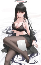 Rule 34 | 1girl, black bra, black hair, black pantyhose, black skirt, blue archive, bra, breasts, cleavage, hair ornament, hairpin, halo, highres, large breasts, long hair, long sleeves, looking at viewer, pantyhose, parted lips, pleated skirt, qing wu, red eyes, rio (blue archive), sitting, skirt, solo, tablet pc, underwear