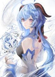 Rule 34 | 1girl, absurdres, backless outfit, black bodysuit, blue hair, bodysuit, closed mouth, commentary, detached sleeves, ganyu (genshin impact), gawako, genshin impact, highres, horns, long hair, looking at viewer, magic, purple eyes, simple background, smile, solo, upper body, white background, white sleeves