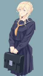 Rule 34 | 1girl, alternate costume, alternate hairstyle, bag, blonde hair, blue background, blue sailor collar, blue skirt, closed mouth, hair between eyes, hair up, highres, holding, holding bag, kantai collection, lips, long sleeves, mole, mole under eye, mole under mouth, neckerchief, pleated skirt, richelieu (kancolle), sailor collar, school bag, school uniform, serafuku, shingyou (alexander-13), simple background, skirt, solo, yellow neckerchief