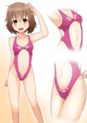 Rule 34 | 1girl, armpits, bare shoulders, blush, breasts, brown eyes, brown hair, casual one-piece swimsuit, clothing cutout, collarbone, commission, commissioner upload, eyebrows, feet out of frame, female focus, gluteal fold, gradient background, groin, highres, kantai collection, looking at viewer, multiple views, navel, navel cutout, no headgear, one-piece swimsuit, open mouth, orange background, pink one-piece swimsuit, salute, selvalanch, short hair, small breasts, smile, standing, swimsuit, teeth, upper teeth only, white background, yukikaze (kancolle)