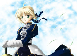 Rule 34 | 1girl, ahoge, armor, artoria pendragon (fate), blonde hair, day, fate/stay night, fate (series), green eyes, hair ribbon, kyono, kyouno (61238344), long hair, ponytail, ribbon, saber (fate), sky, solo, sword, type-moon, weapon