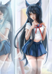 Rule 34 | 1girl, ahri (league of legends), animal ears, black hair, blue skirt, breasts, facial mark, feet out of frame, fox ears, fox tail, hands up, highres, league of legends, long hair, looking at viewer, medium breasts, miniskirt, mirror, navel, pleated skirt, red ribbon, ribbon, sailor collar, shirt, short sleeves, skindentation, skirt, smile, solo, standing, tail, thighhighs, whisker markings, white sailor collar, white shirt, white thighhighs, xiuluoyi00, yellow eyes