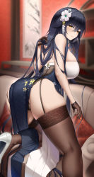 Rule 34 | 1girl, absurdres, ass, azuma (azur lane), azuma (soft voice of spring) (azur lane), azur lane, bare shoulders, black hair, black panties, blush, breasts, brown gloves, brown thighhighs, china dress, chinese clothes, closed mouth, commentary request, couch, dress, flower, fouriasensei, from behind, garter straps, gloves, hair flower, hair ornament, hand in own hair, hand up, high heels, highres, indoors, lace, lace-trimmed legwear, lace trim, large breasts, leaning forward, long hair, looking at viewer, looking back, official alternate costume, open mouth, panties, pantyshot, pelvic curtain, seductive smile, shelf, skindentation, smile, solo, straight hair, thighhighs, underwear, very long hair, white flower, white footwear, yellow eyes