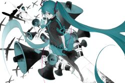 Rule 34 | 1girl, absurdres, aircraft, airplane, belt, black shirt, black thighhighs, blue eyes, blue hair, blue necktie, blue skirt, closed mouth, collared shirt, dutch angle, expressionless, floating hair, foreshortening, from side, full body, hatsune miku, highres, holding, holding megaphone, horn speaker, koi wa sensou (vocaloid), limited palette, long hair, looking at viewer, loose belt, megaphone, miniskirt, necktie, oneselt, pleated skirt, shirt, short sleeves, sideways glance, skirt, solo, thighhighs, twintails, utility pole, very long hair, vocaloid