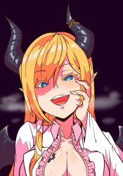 Rule 34 | 1girl, aikohgin, blonde hair, blue eyes, breasts, cleavage, commentary, commentary request, demon girl, demon horns, demon wings, hand on own face, heart, heart-shaped pupils, highres, hololive, horns, lab coat, large breasts, long hair, long sleeves, looking at viewer, open mouth, pointy ears, shaded face, smile, solo, symbol-shaped pupils, virtual youtuber, wide sleeves, wings, yandere, yandere trance, you gonna get raped, yuzuki choco, yuzuki choco (1st costume)