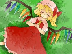 Rule 34 | 1girl, ascot, bad id, bad pixiv id, blonde hair, blouse, bow, comic, closed eyes, female focus, flandre scarlet, grass, hair bow, hammer (sunset beach), hands on own chest, hat, lying, on back, shirt, side ponytail, silent comic, skirt, skirt set, sleeping, smile, solo, touhou, wings