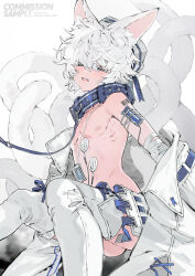 Rule 34 | 1boy, bandaged arm, bandages, barcode, barcode tattoo, bishounen, black eyes, collar, commission, fox boy, fox tail, hat, highres, jacket, kaninn, male focus, nipples, no pants, open mouth, original, solo, tail, tattoo, topless, trap, white hair, white jacket