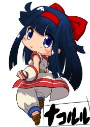 Rule 34 | 1girl, ainu clothes, blue eyes, blue hair, breasts, chibi, clenched hand, fingerless gloves, gloves, hair ribbon, highres, legs, looking at viewer, looking back, nakoruru, pants, ribbon, samurai spirits, sideboob, small breasts, snk, solo, the king of fighters, thighs