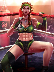 Rule 34 | 1girl, abs, alternate costume, arimatang, bad id, bad pixiv id, braid, breasts, cleavage, elbow gloves, fingerless gloves, gloves, green gloves, green headband, green shorts, headband, highres, holding, holding rope, holding towel, medium breasts, muscular, muscular female, over shoulder, parted lips, punching bag, red hair, rope, short shorts, shorts, signature, single elbow glove, single thighhigh, skye (valorant), sports bra, swaet, thighhighs, towel, valorant, watermark, web address, wrestling ring
