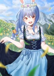 Rule 34 | 1girl, aboreen, alternate costume, alternate hairstyle, animal ear fluff, animal ears, apron, blue apron, blue hair, blush, bow, braid, breasts, brown eyes, cleavage, clothes pull, dirndl, dress pull, eyebrows hidden by hair, field, flower, flower field, flower wreath, german clothes, hair bow, hololive, looking at viewer, mountain, open mouth, rabbit ears, rabbit girl, short eyebrows, small breasts, smile, solo, the sound of music, usada pekora, virtual youtuber