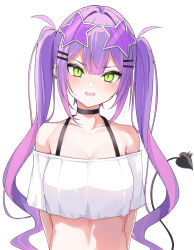 Rule 34 | 1girl, bandeau, bare shoulders, black bra, bra, breasts, crop top, demon tail, ear piercing, eyewear on head, fangs, green eyes, hair ornament, hairclip, haseneko, highres, hololive, long hair, looking at viewer, medium breasts, midriff, multicolored hair, open mouth, piercing, pink hair, purple hair, simple background, solo, star-shaped eyewear, star (symbol), strapless, streaked hair, sunglasses, tail, tail ornament, tail piercing, tokoyami towa, tube top, twintails, underwear, upper body, v-shaped eyebrows, very long hair, virtual youtuber, white background, white tube top