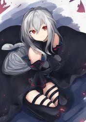 Rule 34 | 1girl, absurdres, arknights, arm cuffs, ascot, bare shoulders, between legs, black ascot, black dress, black pants, closed mouth, clothing cutout, commentary, dress, from above, hand between legs, hand up, highres, long hair, looking at viewer, looking up, no headwear, pants, seiza, silver hair, sitting, skadi (arknights), skadi (elite ii) (arknights), sleeveless, sleeveless dress, thigh cutout, thigh strap, very long hair, worimehl