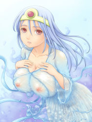 Rule 34 | 1girl, blue hair, breasts, circlet, cleavage, dragon quest, dragon quest iii, large breasts, liquid clothes, nipples, no bra, no panties, red eyes, sage (dq3), see-through, solo, square enix, suenaga (progressive), water, water clothes