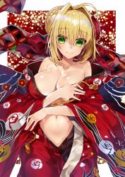Rule 34 | 10s, 1girl, ahoge, bare shoulders, braid, braided bun, breasts, cleavage, closed mouth, crown braid, eyes visible through hair, fate/extra, fate (series), floral print, flower, french braid, green eyes, hair between eyes, hair bun, hair flower, hair intakes, hair ornament, highres, japanese clothes, kimono, kou mashiro, large breasts, looking at viewer, navel, nero claudius (fate), nero claudius (fate) (all), nero claudius (fate/extra), off shoulder, open clothes, open kimono, ribbon trim, short hair, single hair bun, smile, solo, transparent background